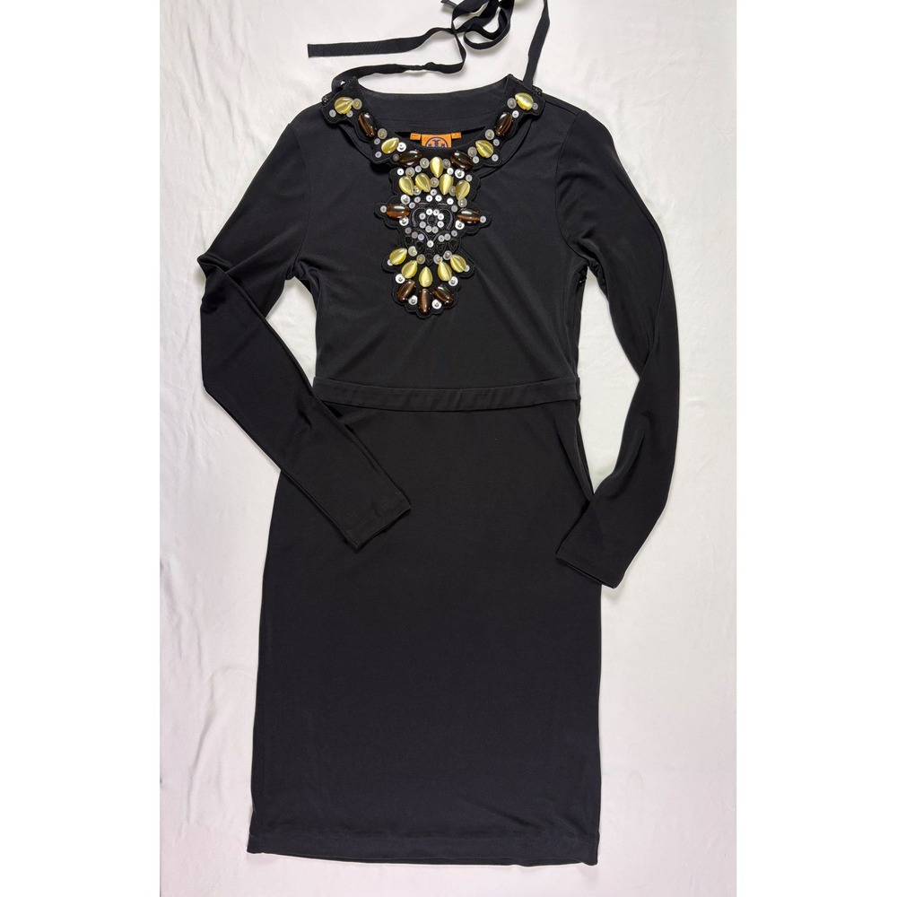 Tory Burch Silk Long Sleeve Dress S Embellished Removable Collar Necklace Event - Picture 10 of 11